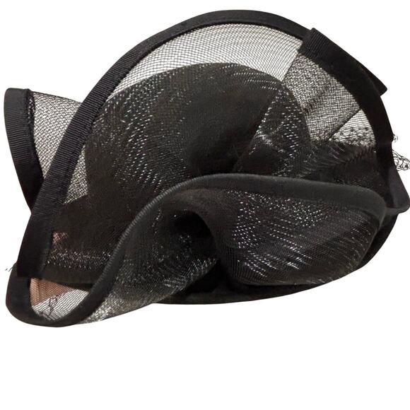 Dressy black felted wool hat large netting bowl & mesh fascinator made in USA main image 9